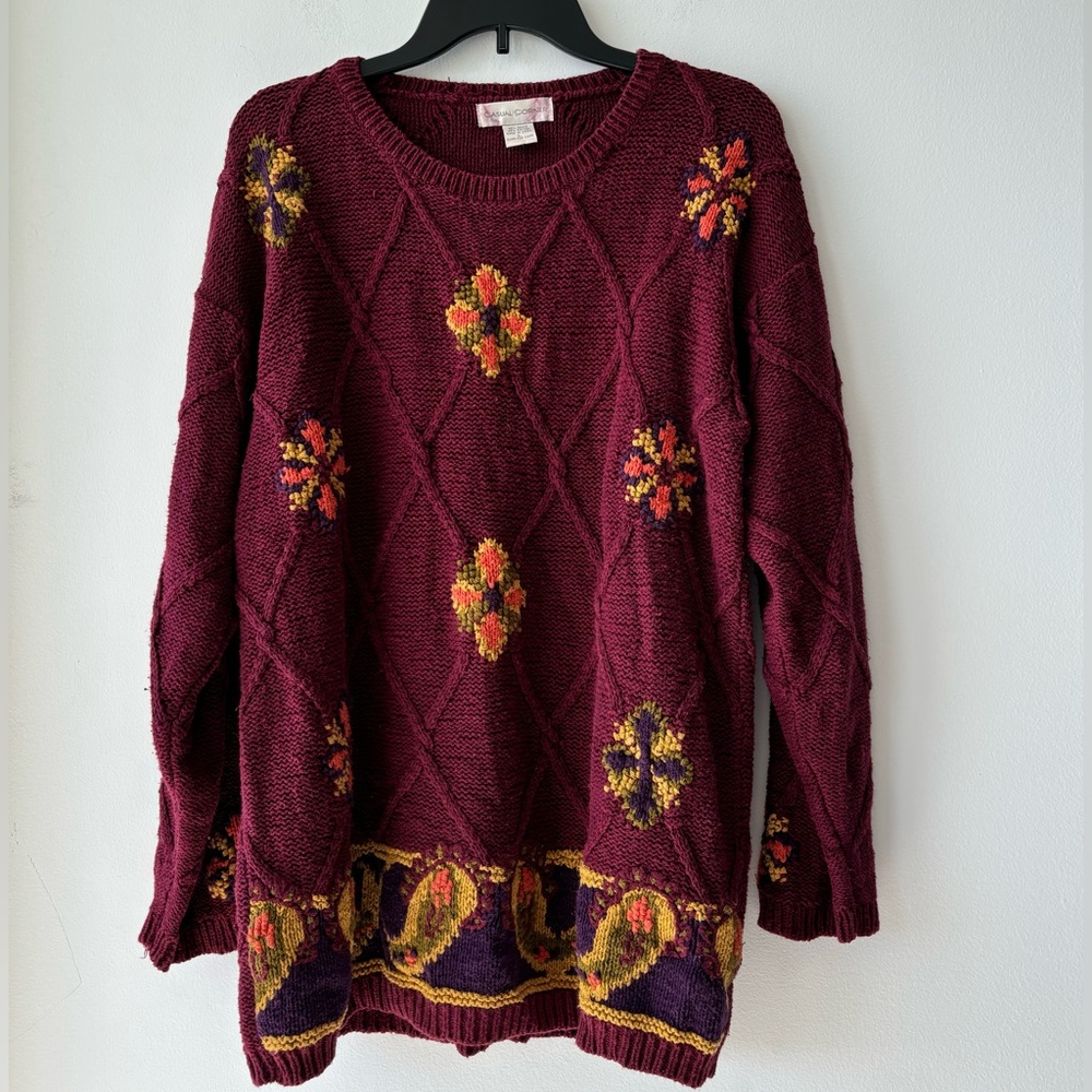 VTG Casual Corner Sweater Burgundy Floral Cable Knit Womens L Boho Cottage 90s